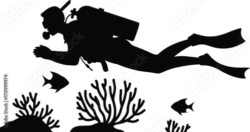 Scuba diver underwater silhouette with fish and coral reef, marine life illustration, diving activity, sea adventure, ocean exploration vector