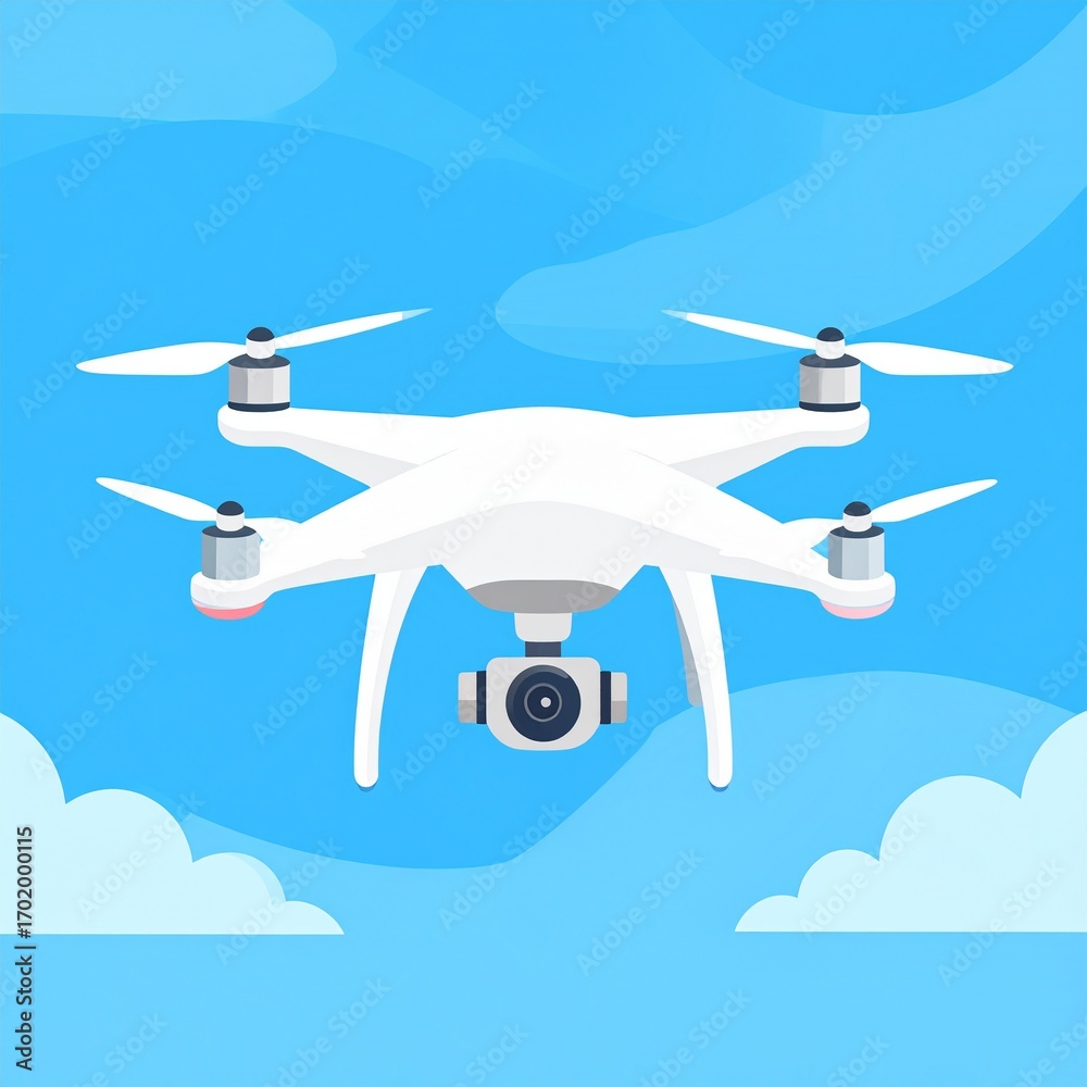 Naklejka premium White Drone Flying in a Blue Sky with Clouds - Vector Illustration