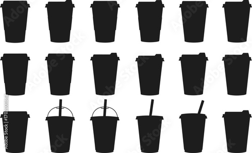 Silhouette coffee cups with lids, disposable drink containers, black takeaway cup icons, vector beverage design, café illustration set, isolated graphic