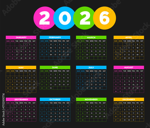 colorful and dark black Calendar 2026, 2026 calendar week start on Sunday and Annual schedule grid with 12 month. corporate business 2026 wall Calendar template. calendar week starts on Sunday. 