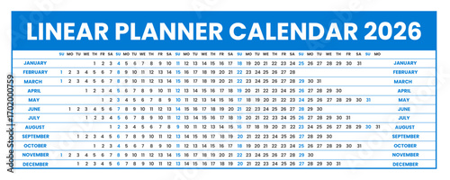 blue and black color Linear planner calendar for 2026. Horizontal or Landscape orientation grid 2026 Linear planner calendar week starts on Sunday. 2026 Linear calendar Annual schedule grid 