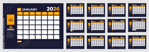 dark and blue color wall or desk simple 2026 Planner Calendar bundle with week start on Sunday. Set of 12 Month Wall quarterly calendar. 2026 business Calendar.