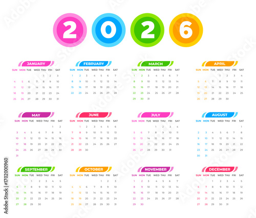 colorful Calendar 2026, 2026 calendar week start on Sunday and Annual schedule grid with 12 month. corporate business 2026 wall Calendar template. 2026  planner wall calendar week starts on Sunday. 