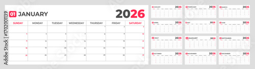 wall or desk simple 2026 Planner Calendar bundle with week start on Sunday. Set of 12 Month Wall quarterly calendar. 2026 business Calendar. corporate Monthly pages Planner Calendar Templates 2026 set
