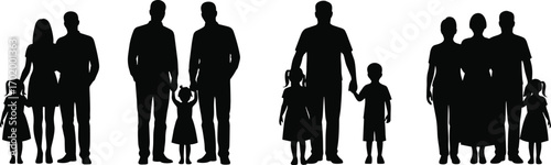 Silhouette families standing together with children, parents and kids holding hands, happy family unity, generational bonding, lifestyle concept, black background