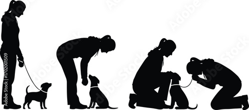 Silhouette of Woman Training Puppy with Love and Patience in Multiple Poses Showing Dog Obedience Training and Bonding Process