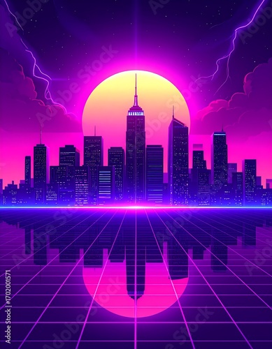 Neon cityscape, retro futuristic city reflection