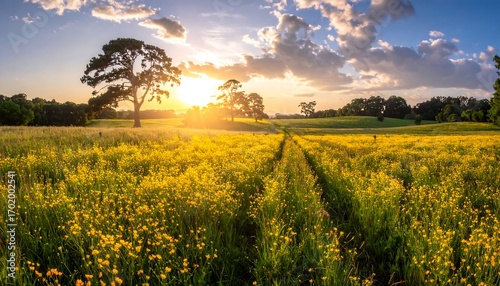 Sunset over a vibrant yellow field