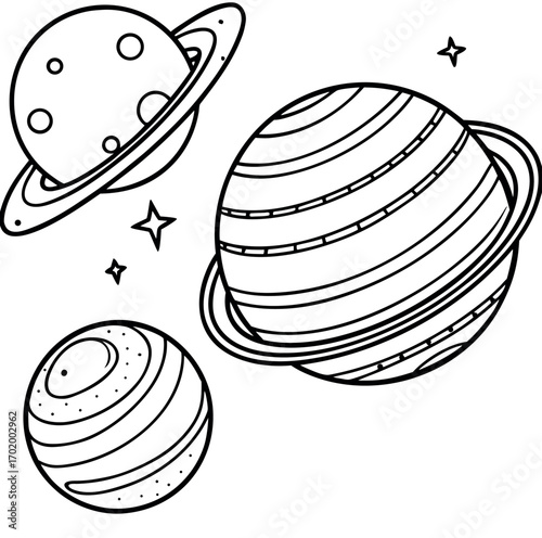 Black and white line art illustration of planets with rings and moons