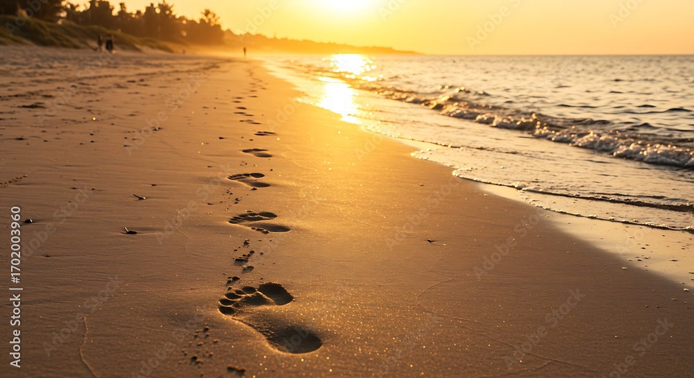 custom made wallpaper toronto digitalGolden sunset over the ocean, warm waves touching the shore, footprints leading into the glowing horizon, peaceful beach atmosphere.