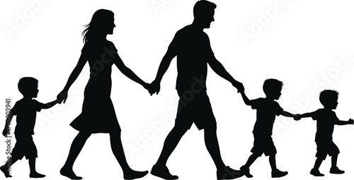 Silhouette family walking together holding hands, parents with children, happy lifestyle, parenting love, family bond, togetherness concept, vector illustration design