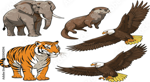 Diverse Wildlife Illustration Squirrel, Raccoon, Panther, Wombat, Hedgehogs in Nature's Embrace, perfect for lifestyle or background use