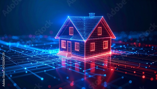 A digital house model glows with neon lines amidst a network of circuits and data points, suggesting smart home technology
