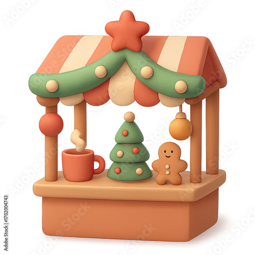 Adorable 3D illustration of a festive Christmas market stall with a gingerbread man, steaming mug, and decorated tree. Perfect for holiday designs, winter cheer, digital art, and seasonal promotions,
