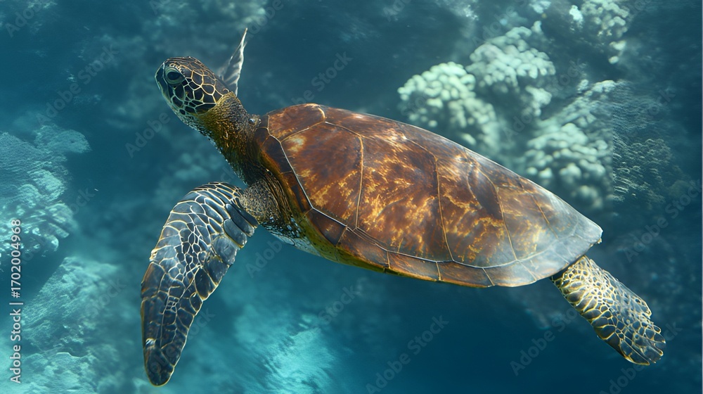 Obraz premium Green sea turtle gliding through clear ocean waters, surrounded by dappled sunlight and coral.