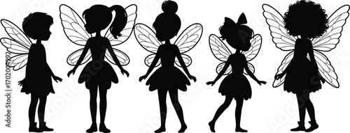 Silhouette of cute fairy girls with wings, magical fantasy characters, children fairies clipart, enchanted pixie illustrations, whimsical vector art