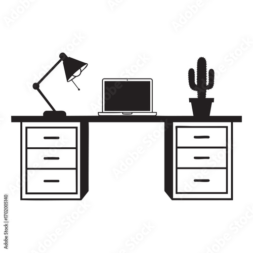 Minimalist Office Desk with Laptop and Lamp – Black and White Vector