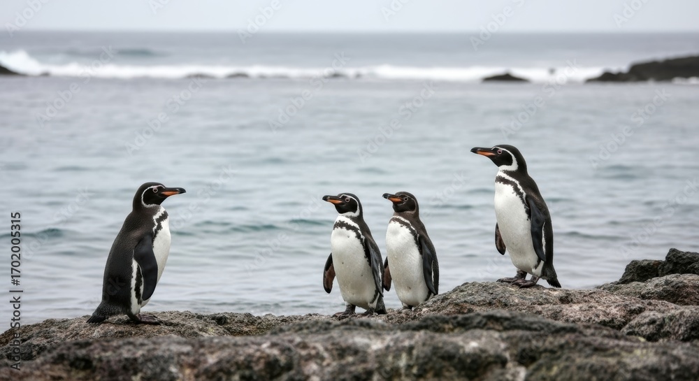 Obraz premium A Group of Galápagos Penguins on the Shoreline