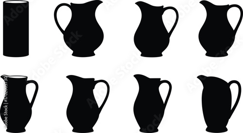 Silhouette jugs and pitchers, black kitchen container shapes, beverage serving icons, drinkware illustration collection, vector design elements, isolated household graphic