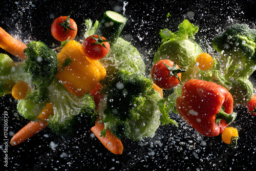 Fresh Vegetables in Motion with Water Splash – Lettuce, Broccoli, Tomato, Bell Pepper, Cucumber, Carrot and Cabbage Floating in Midair