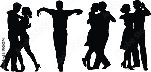 Silhouette of dancing couples, ballroom and Latin dance poses, partner choreography, romantic movement, vector illustration for dance art themes