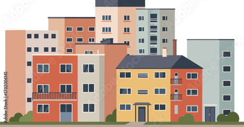 Illustration of a pleasant residential neighbourhood consisting of medium-sized flats, isolated on white background