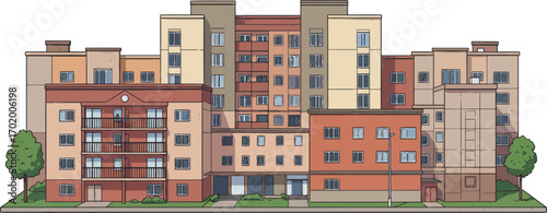 Illustration of a pleasant residential neighbourhood consisting of medium-sized flats, isolated on white background