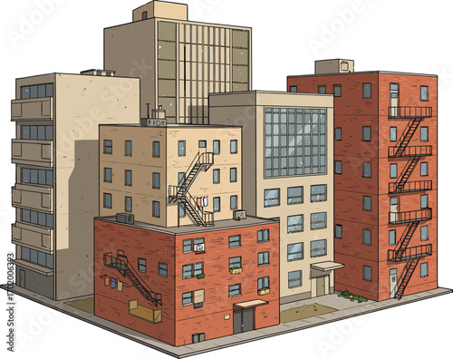 Illustration of apartments from downtown district of a big city, isolated on white background