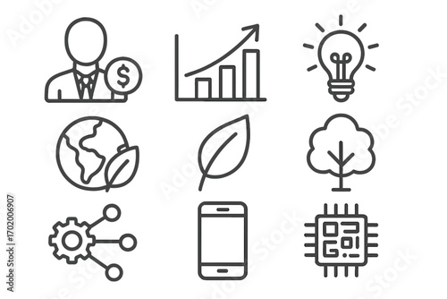 Simple line icons set for business, environment, and technology concepts, including finance, growth chart, eco leaf, light bulb, tree, gear network, mobile phone, and microchip, vector illustration