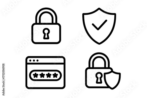 Simple lock and security icon set for digital privacy and protection concept, vector cartoon illustration with transparent background, password and shield symbols for cybersecurity