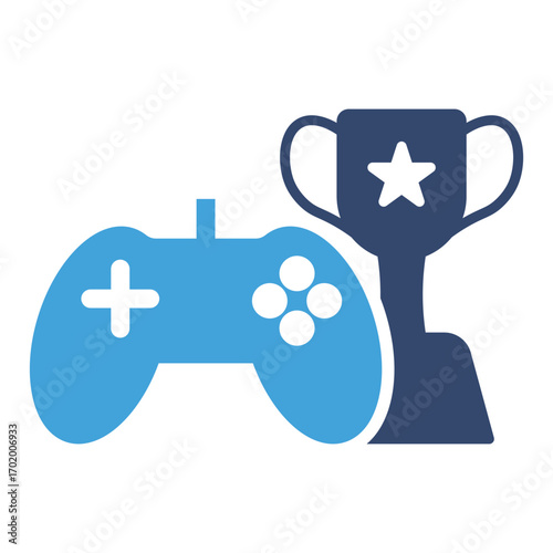 A light blue video game controller is next to a dark blue trophy with a star