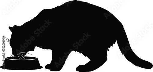 Silhouette of cat eating food from bowl, pet animal feeding, domestic cat care, black vector illustration, feline nutrition concept design