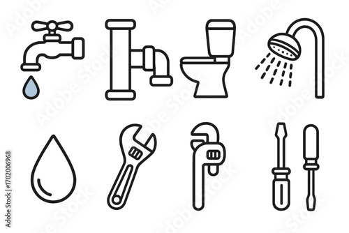 Simple plumbing icons set with faucets, pipes, toilet, shower, water drop, wrench, pipe wrench, screwdrivers, vector cartoon illustration, transparent background, ordered tools collection