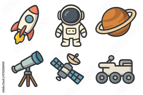 Space exploration icons set with rocket launch, astronaut in suit, planet with rings, telescope on tripod, satellite with solar panels, six-wheeled rover vehicle, vector cartoon illustration