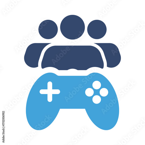 A lightblue gamepad is below a darkblue stylized icon of three people likely representing multiplayer or team gaming