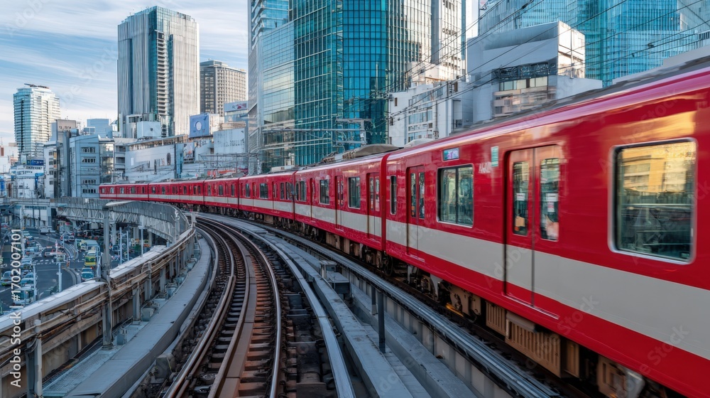 Fototapeta premium Modern Red Train Gliding Through Urban Landscape of Steel and Glass, Emphasizing Technological Advancement