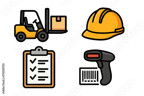 Warehouse management icons set with forklift, hard hat, checklist, barcode scanner, safety equipment, logistics tools, shipping, inventory control, vector cartoon illustration transparent background