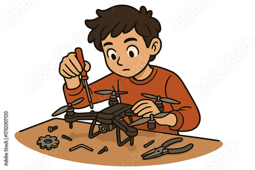 Young person assembling a drone with precision and care, detailed vector cartoon illustration of drone repair and DIY electronics workshop, technology and robotics hobby concept