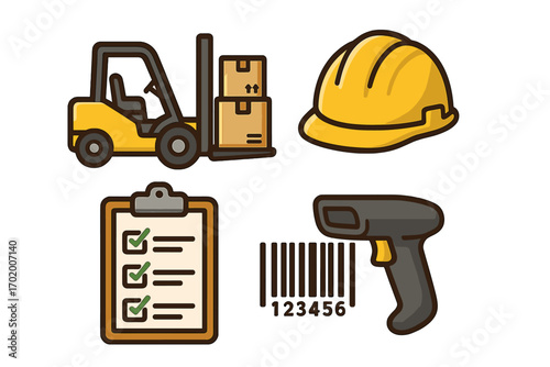 Warehouse management icon set with forklift, hard hat, checklist, barcode scanner, safety gear, inventory control, logistics symbols, vector cartoon illustration, transparent background