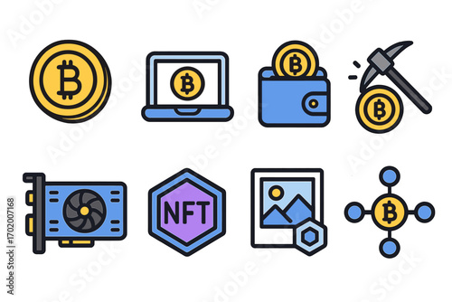 Modern line icon set featuring cryptocurrency and NFT themes, digital Bitcoin coins, mining tools, wallets, blockchain graphics, NFT art, and crypto network symbols, vector illustration