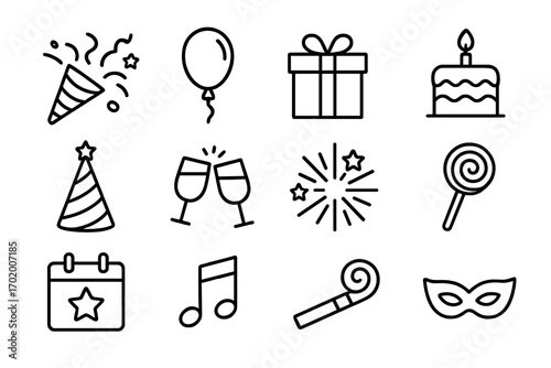 Simple linear style holiday and celebration icon set, cartoon vector illustration with party hat, balloon, gift box, cake, clinking glasses, fireworks, mask, music note, calendar, and lollipop
