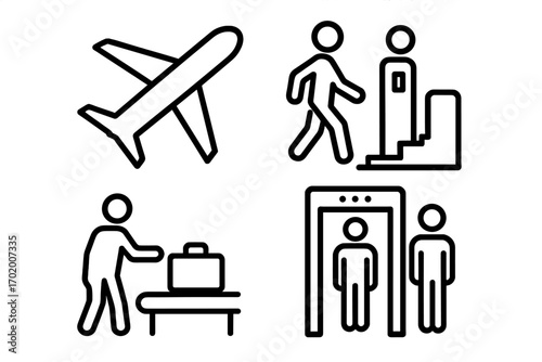 Air travel icons set for airport security and boarding procedures. Vector line art illustration of flight, luggage check, metal detector screening, and airplane boarding.