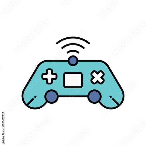 A simplified gamepad design with a plus box and X button layout and a wireless signal icon on top