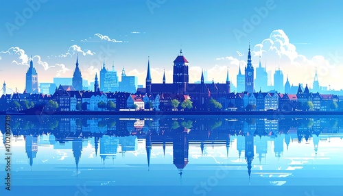 A vibrant cityscape reflected serenely on a placid body of water, showcasing a picturesque skyline with tall buildings and quaint architecture.