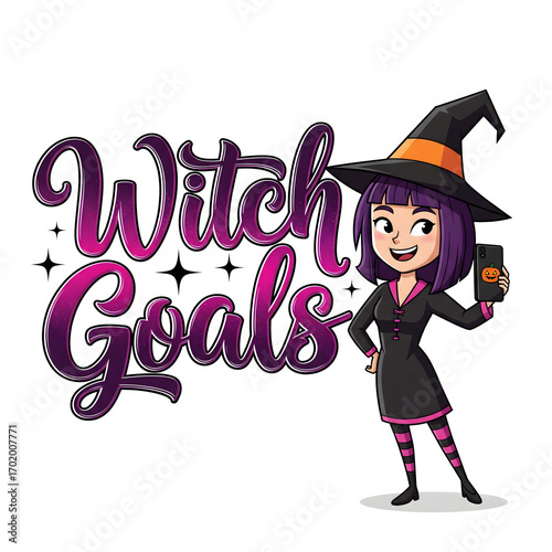 Smiling cartoon witch with purple hair proudly displays her smartphone, radiating Halloween magic and setting her sights on spellbinding holiday fun and festive aspirations halloween T-shirt design