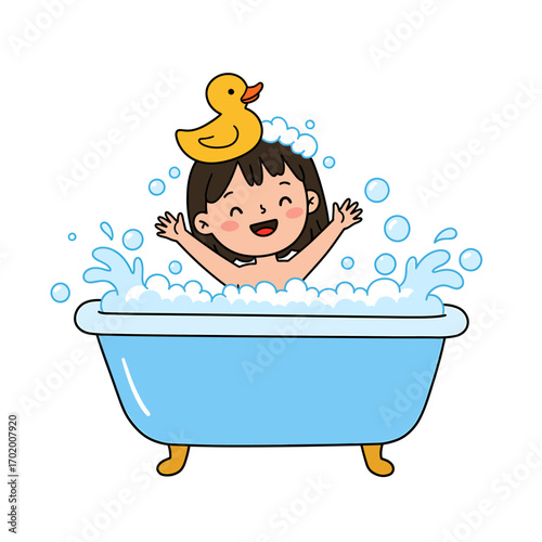 Happy little girl enjoys a bubble bath in a blue tub with a cute yellow rubber duck toy on her head. Fun childhood hygiene routine concept