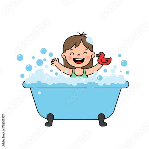 Happy little girl taking a bubble bath with a red rubber duck. Cheerful child enjoying bath time with foam, a concept of hygiene and daily routine
