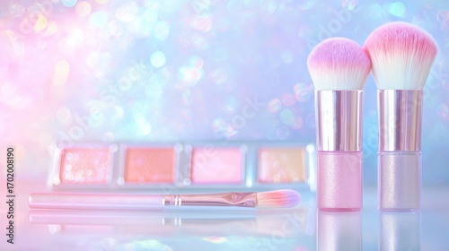 An elegant display of beauty items with a clean, pastel aesthetic and sparkling light.