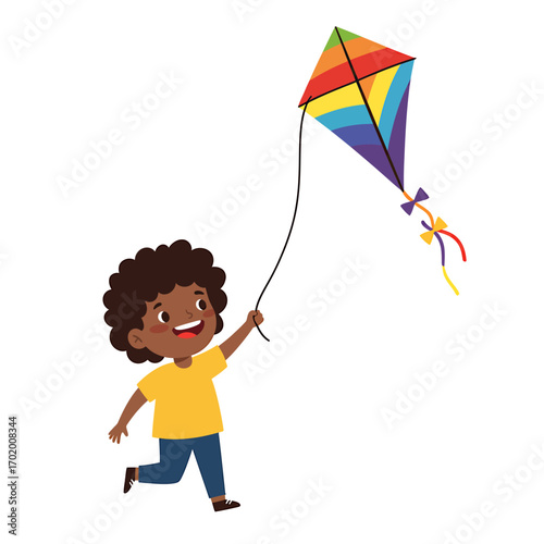 Cute cartoon character of a happy young boy with afro hair running and playing with a vibrant rainbow kite, isolated on a white background