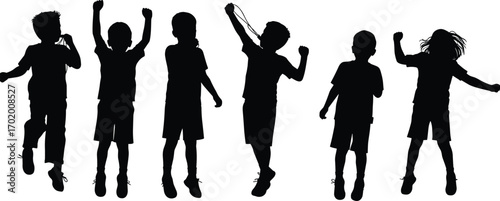 Silhouette of children jumping, kids playing together, childhood fun, active lifestyle, joyful movement, fitness activity, teamwork energy, happy outdoor illustration